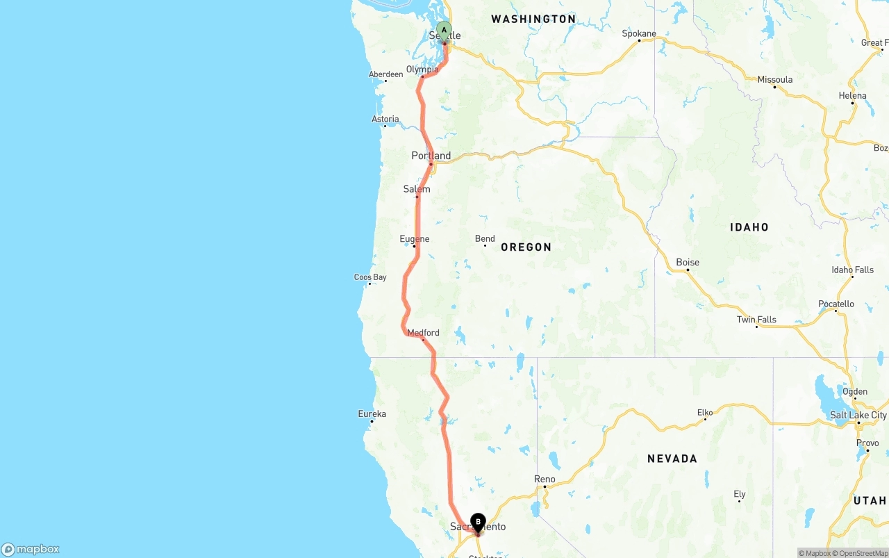 Shipping route from Port of Seattle to Sacramento