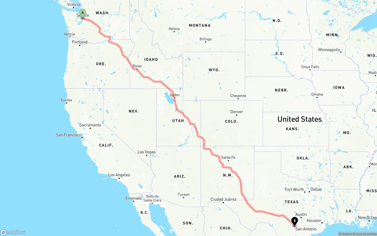 Shipping route from Port of Seattle to San Antonio