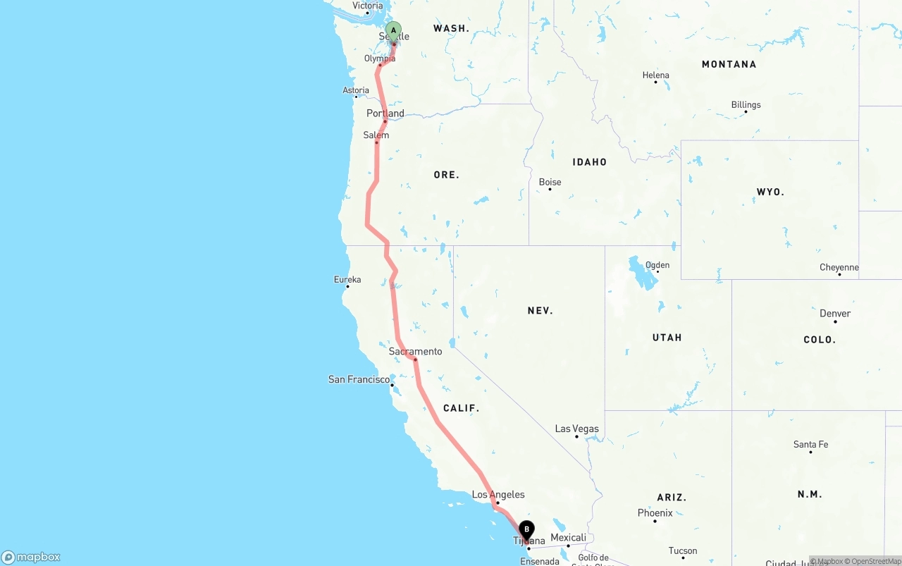 Shipping route from Port of Seattle to San Diego