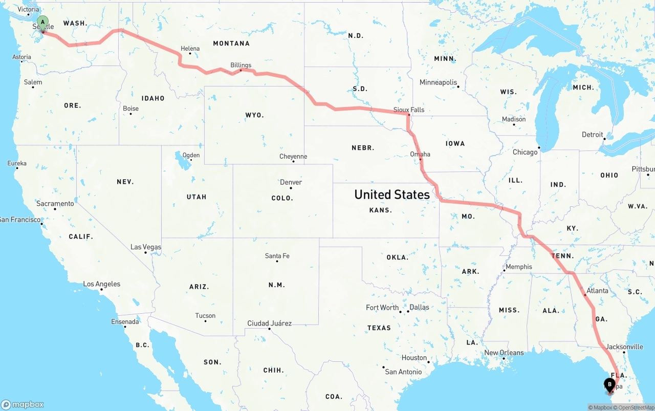 Shipping route from Port of Seattle to St. Petersburg