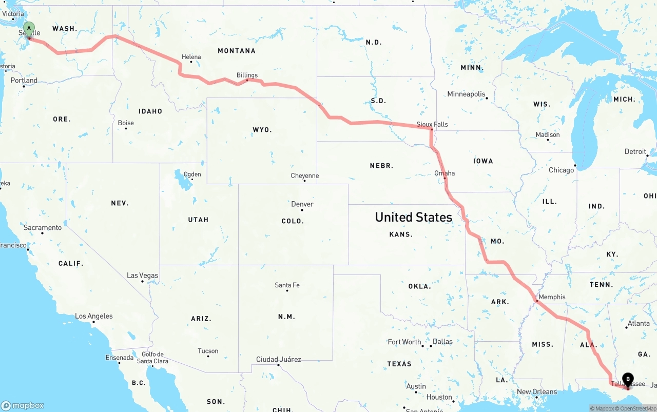 Shipping route from Port of Seattle to Tallahassee