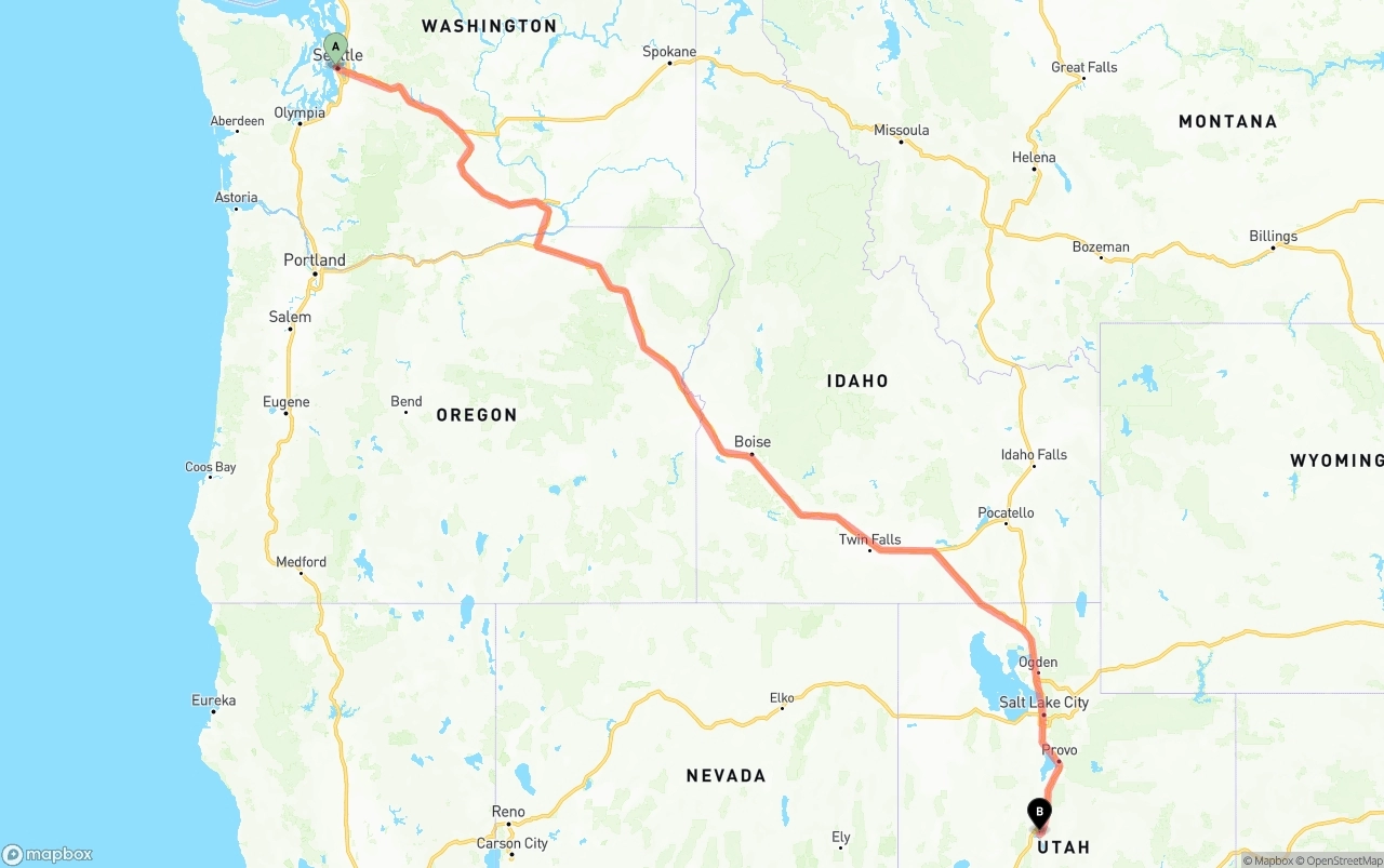 Shipping route from Port of Seattle to Utah