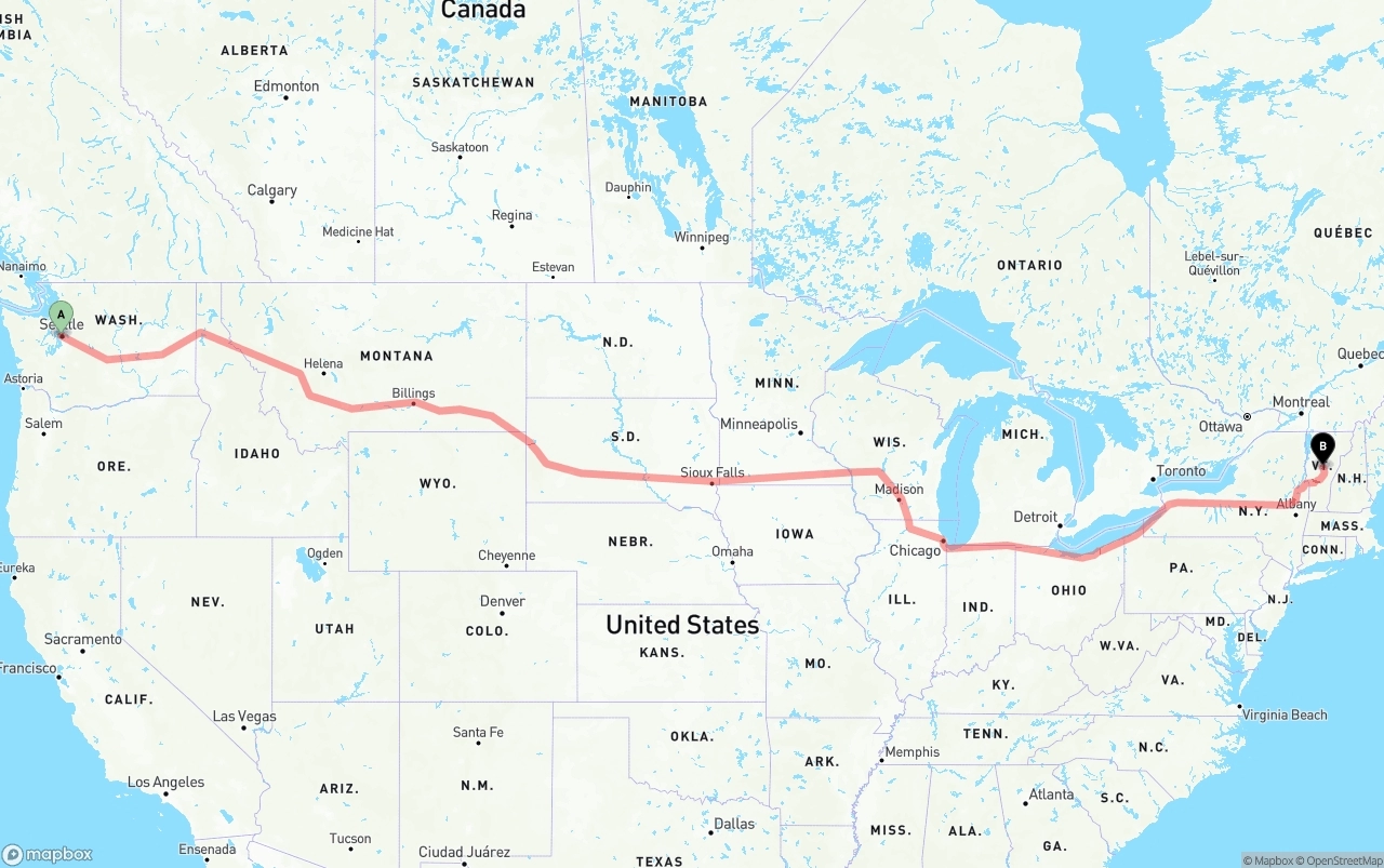 Shipping route from Port of Seattle to Vermont