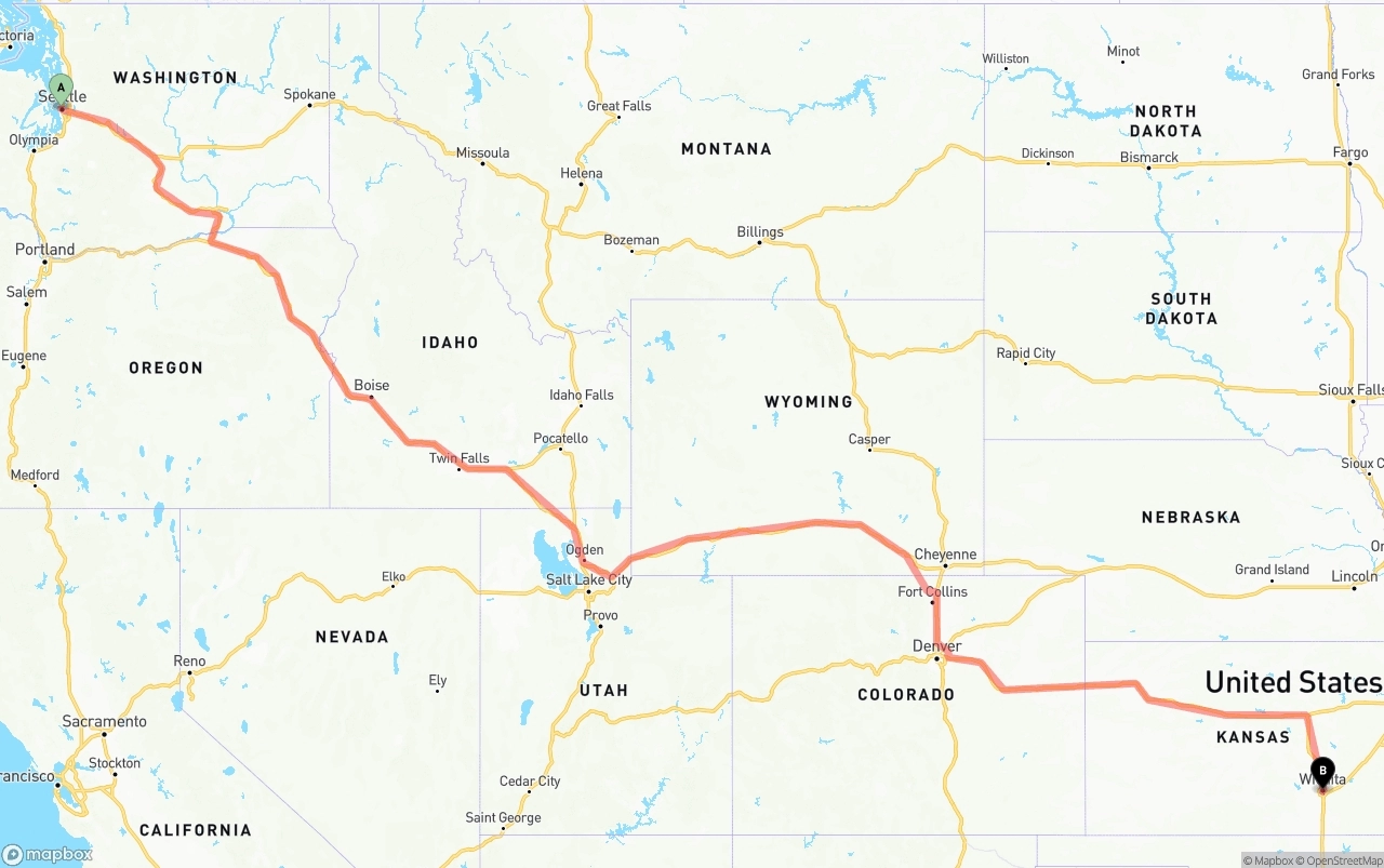 Shipping route from Port of Seattle to Wichita