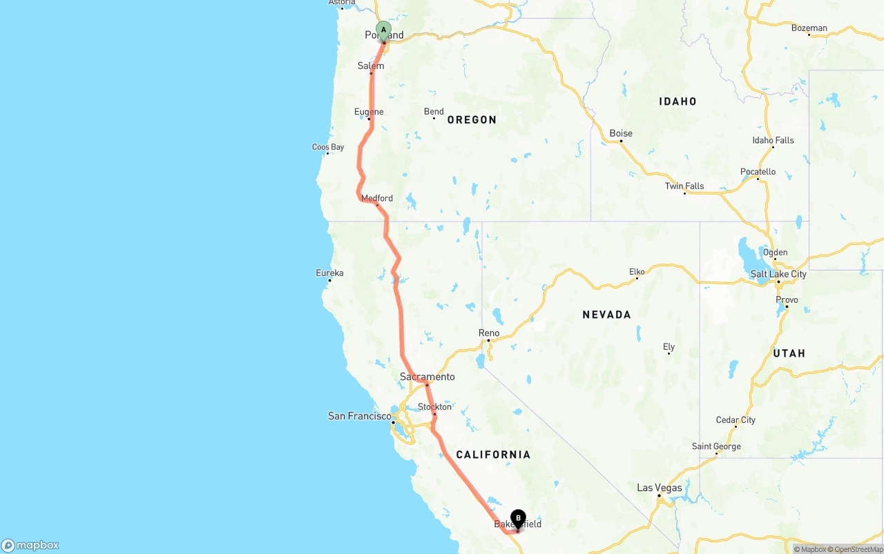 Shipping route from Portland to Bakersfield