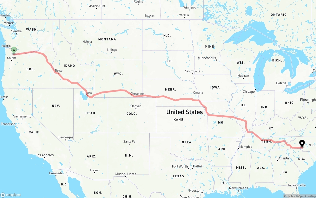 Shipping route from Portland to Charlotte