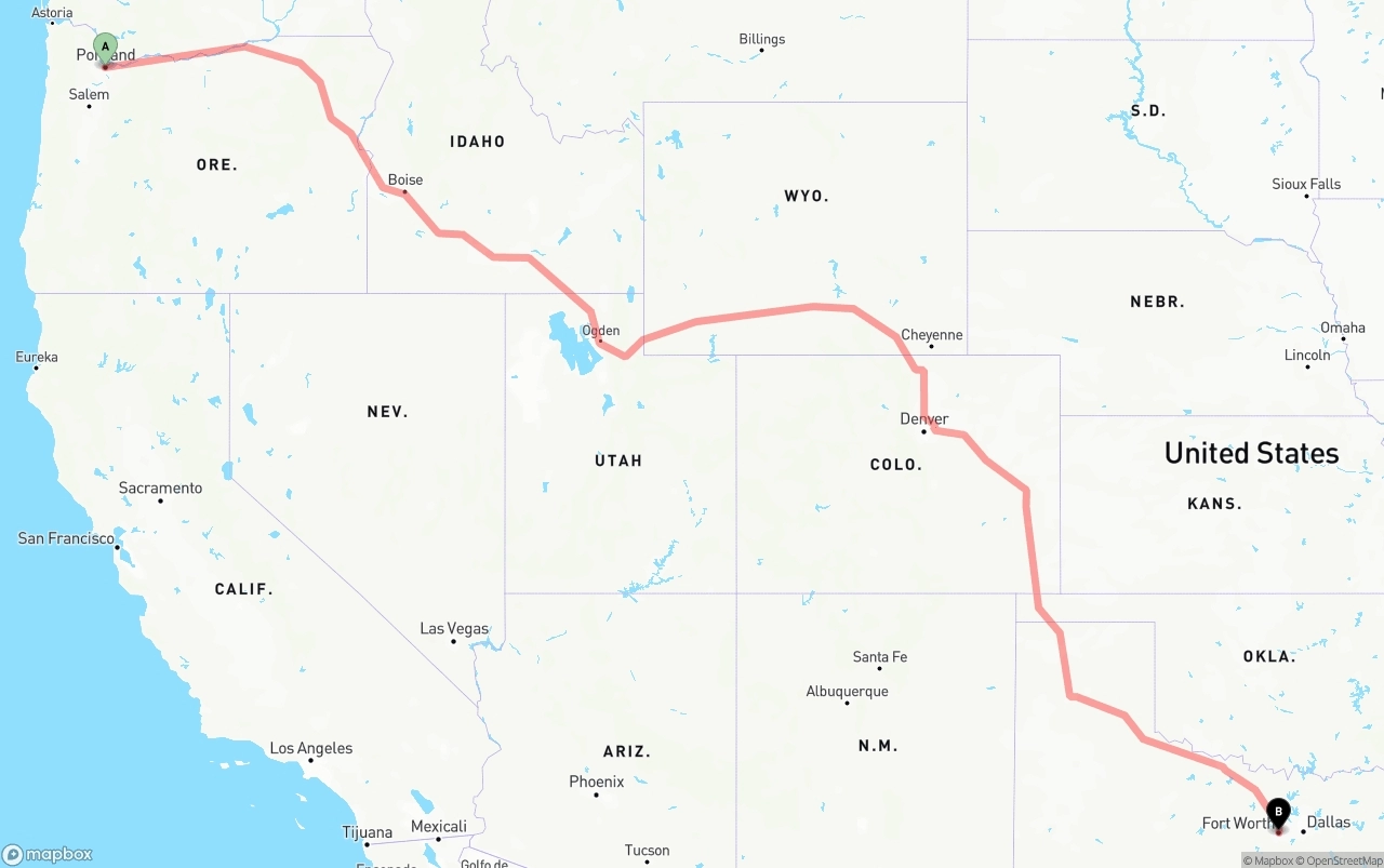 Shipping route from Portland to Fort Worth