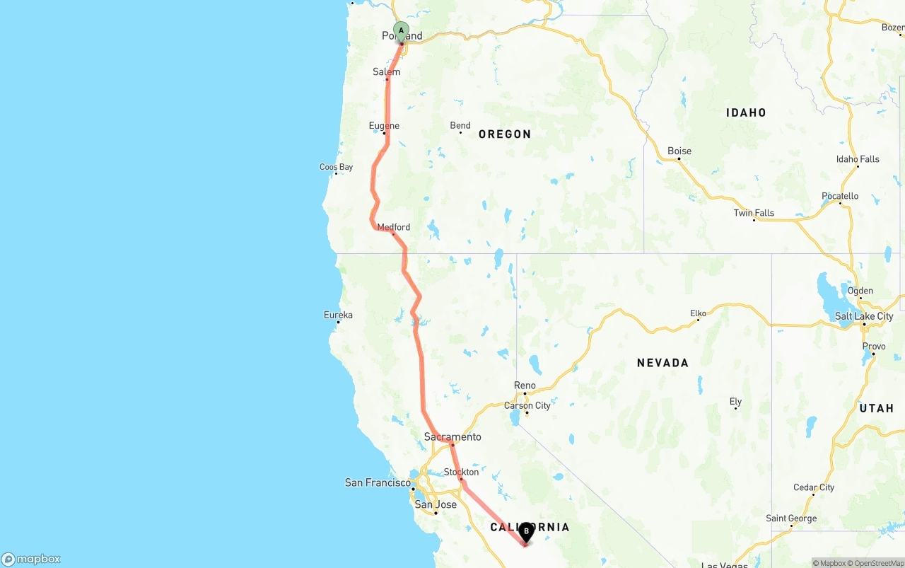 Shipping route from Portland to Fresno