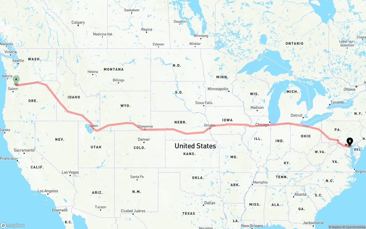 Shipping route from Portland International Airport to Baltimore