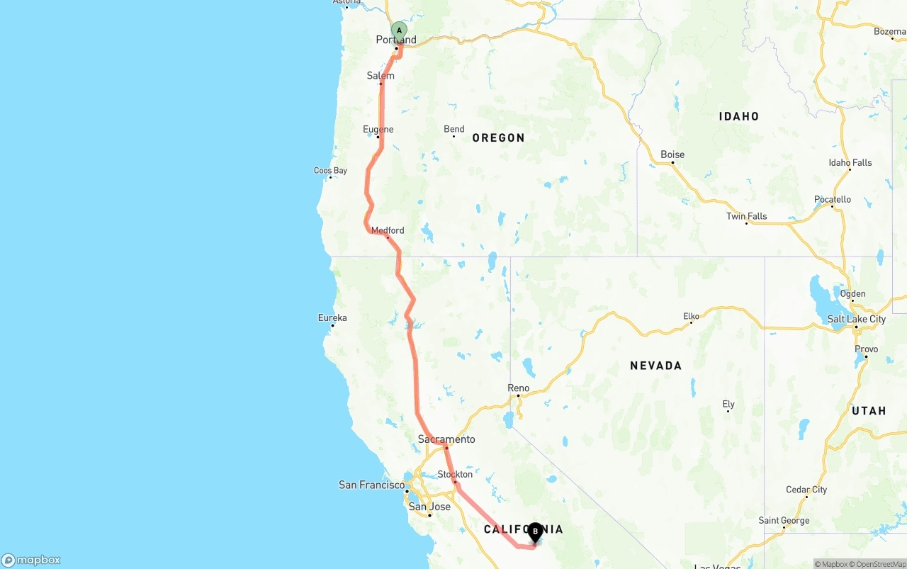 Shipping route from Portland International Airport to California