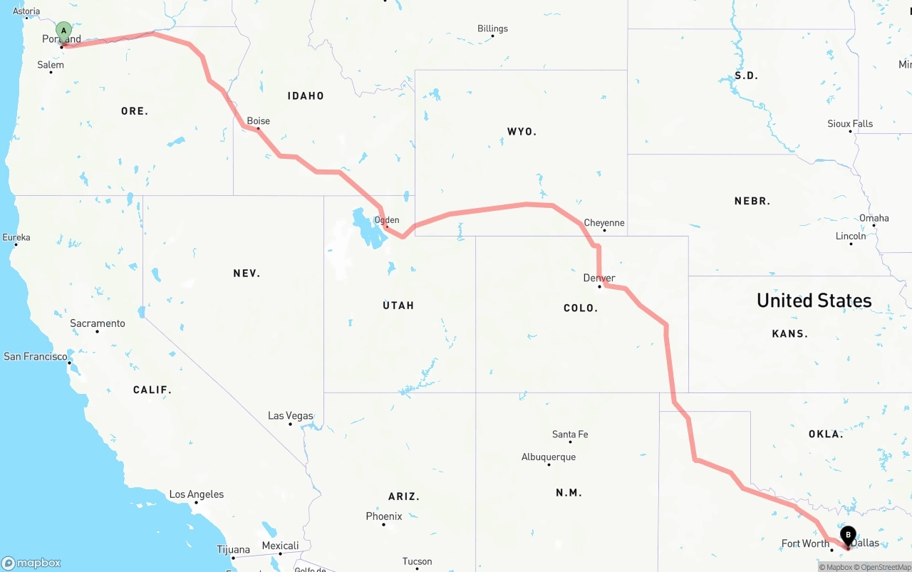 Shipping route from Portland International Airport to Dallas