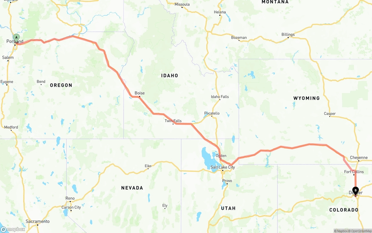 Shipping route from Portland International Airport to Denver