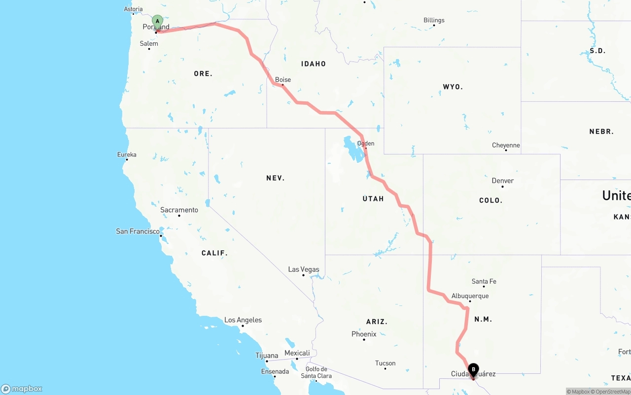 Shipping route from Portland International Airport to El Paso