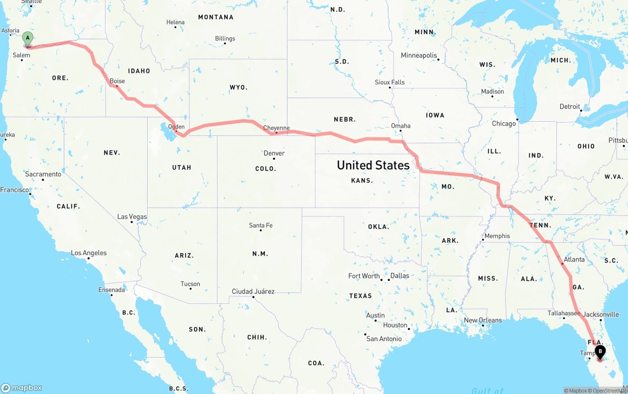Shipping route from Portland International Airport to Florida