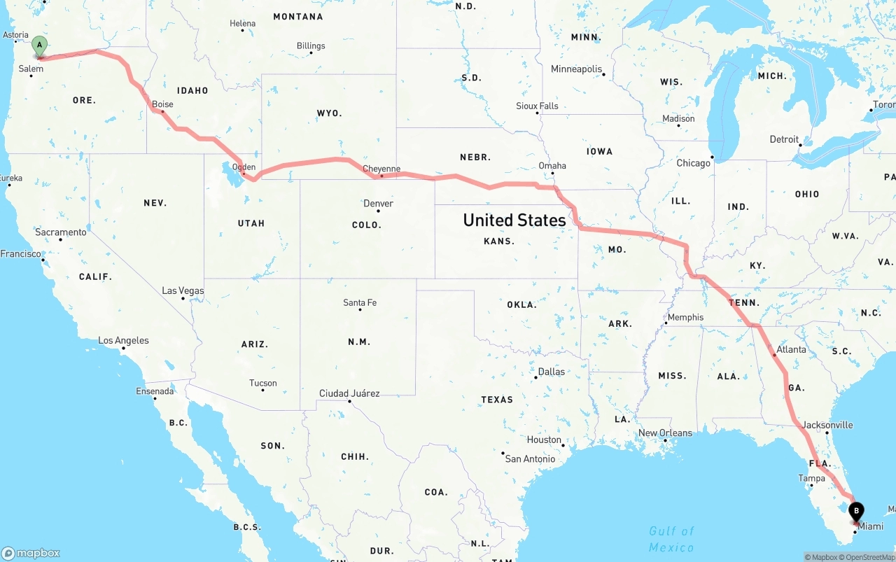 Shipping route from Portland International Airport to Ft. Lauderdale