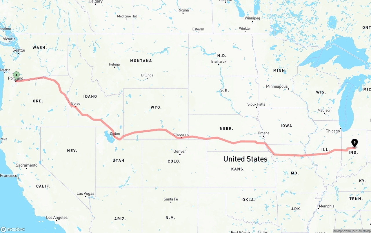 Shipping route from Portland International Airport to Indiana