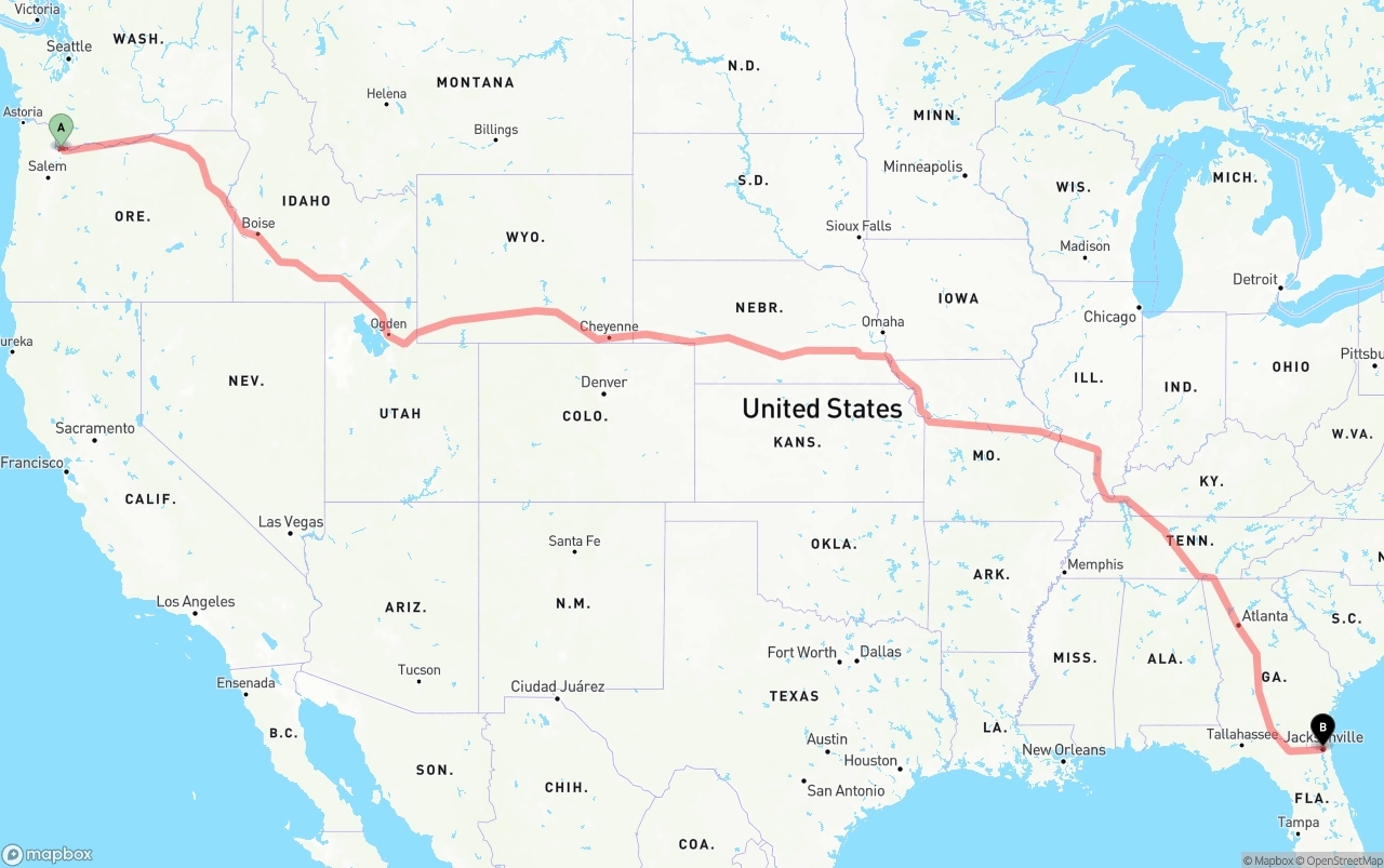 Shipping route from Portland International Airport to Jacksonville