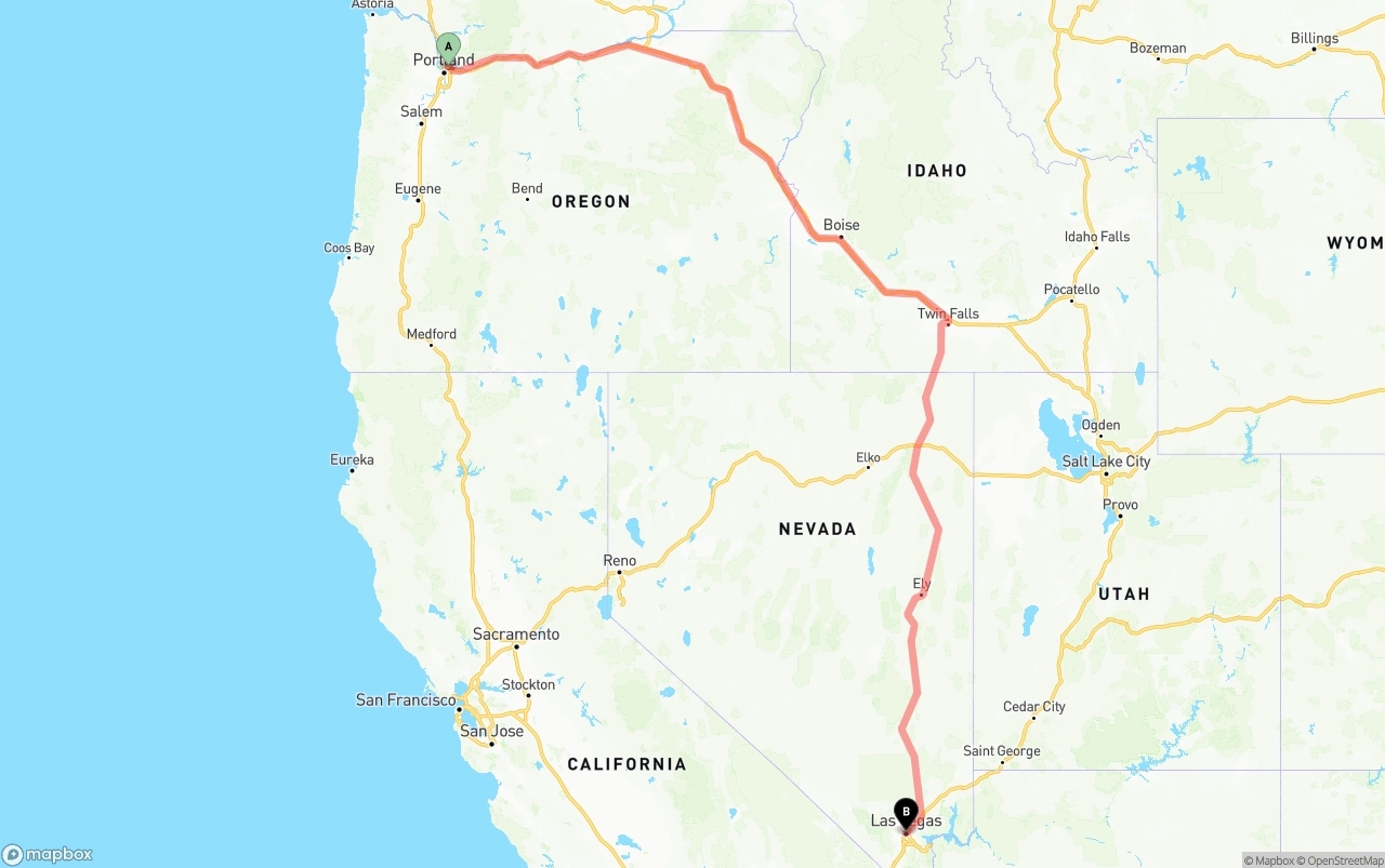 Shipping route from Portland International Airport to Las Vegas