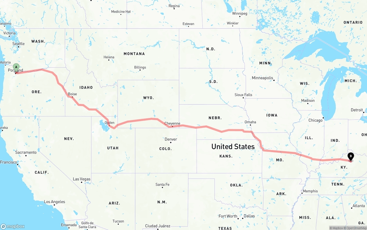 Shipping route from Portland International Airport to Lexington