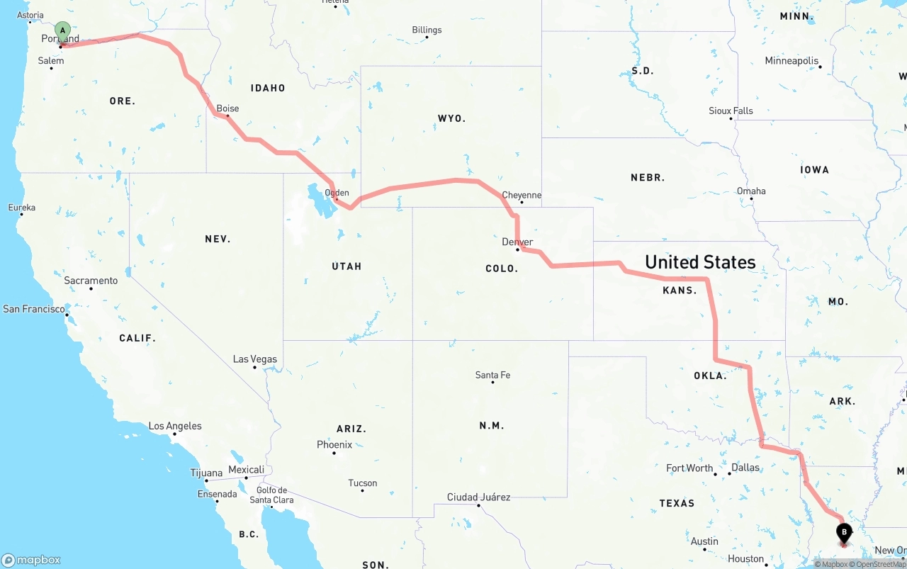 Shipping route from Portland International Airport to Louisiana