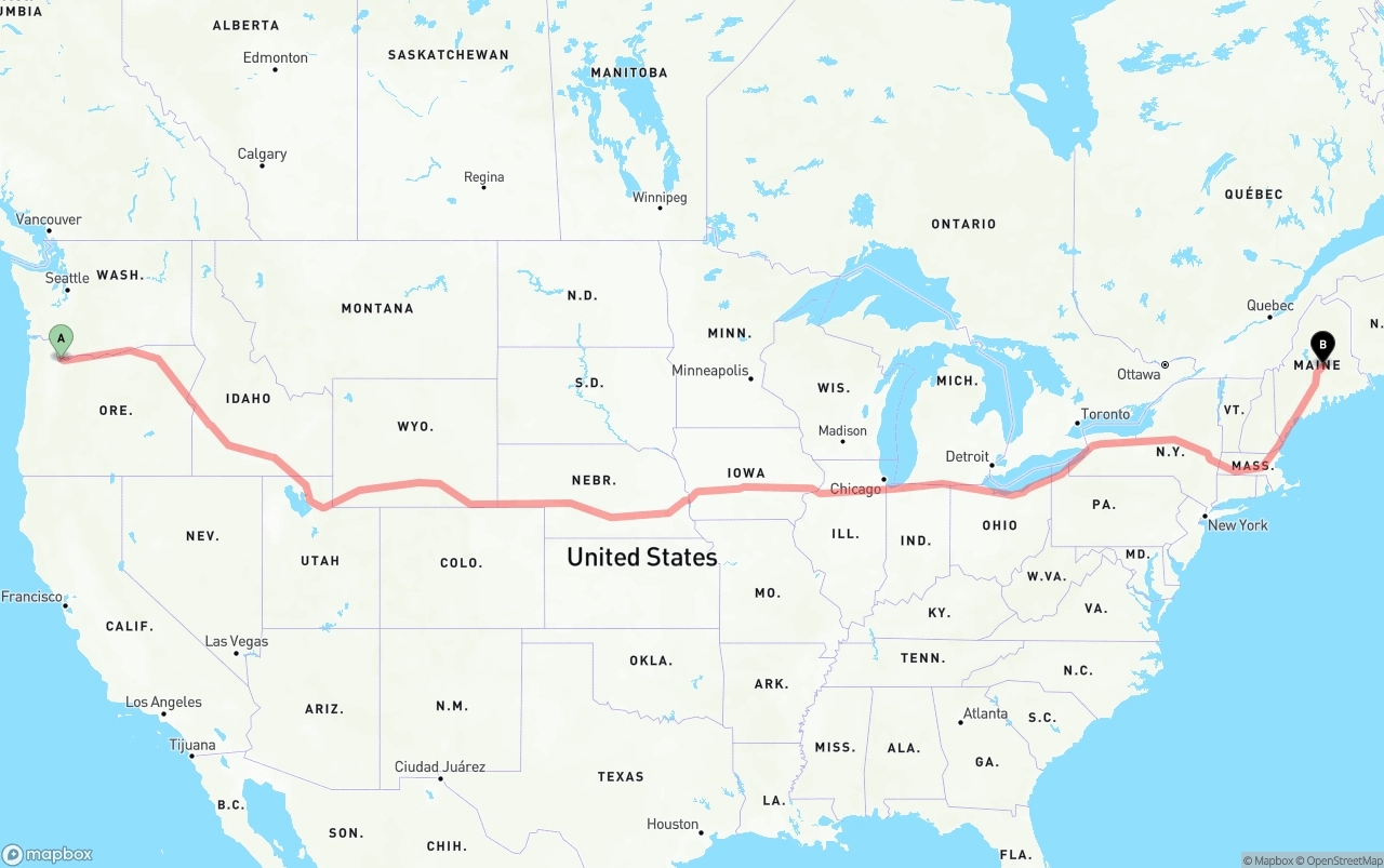 Shipping route from Portland International Airport to Maine