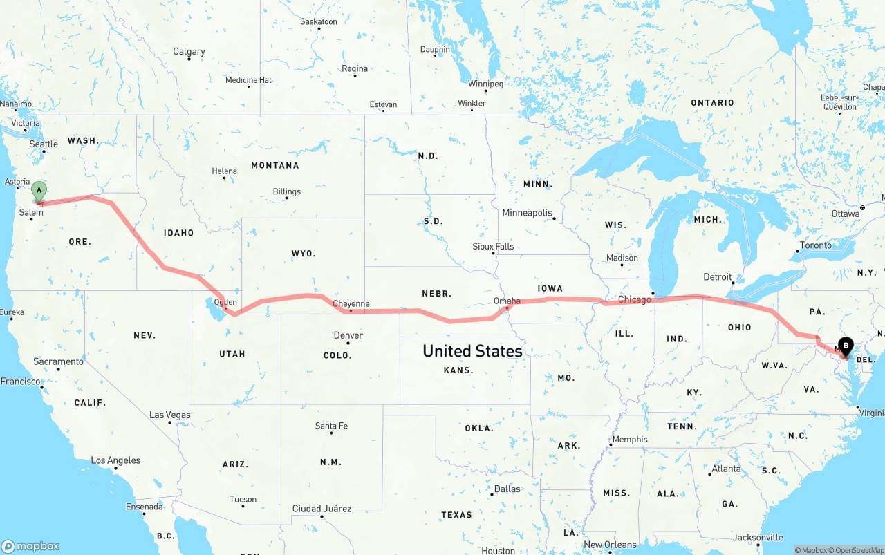 Shipping route from Portland International Airport to Maryland