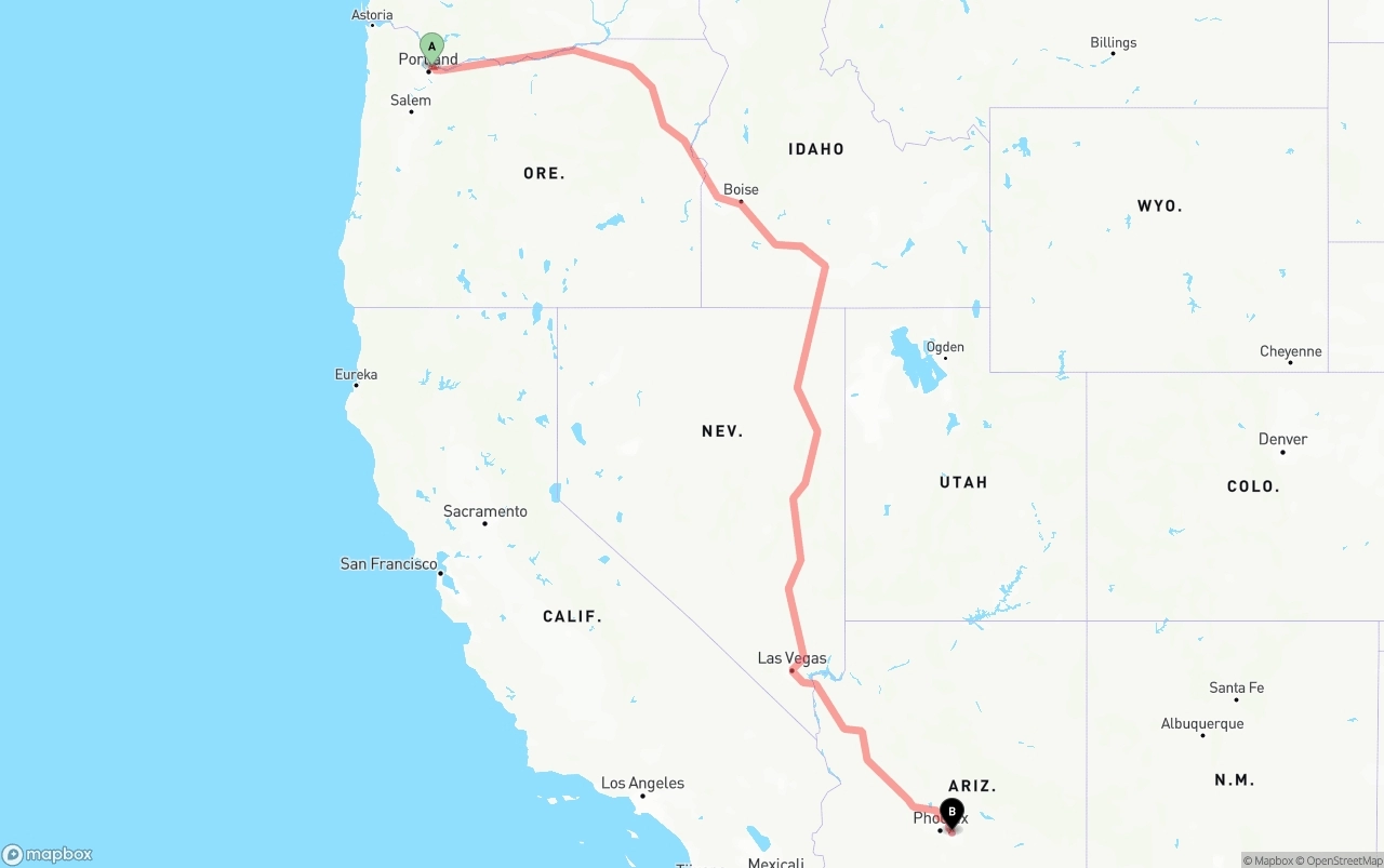 Shipping route from Portland International Airport to Mesa