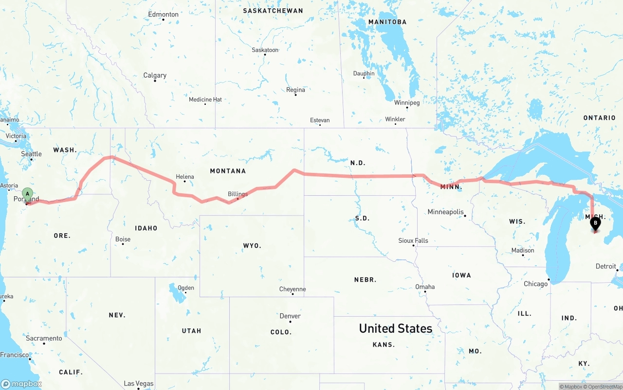 Shipping route from Portland International Airport to Michigan
