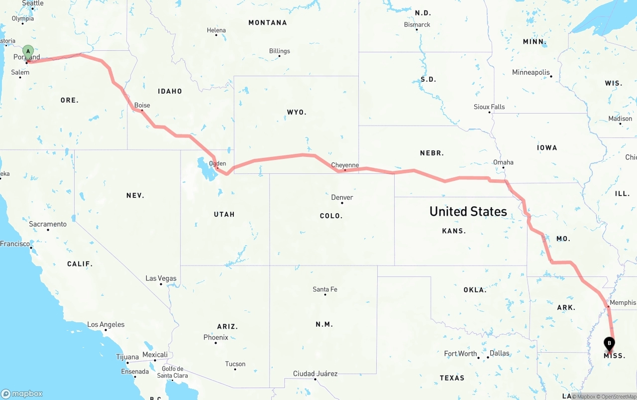 Shipping route from Portland International Airport to Mississippi