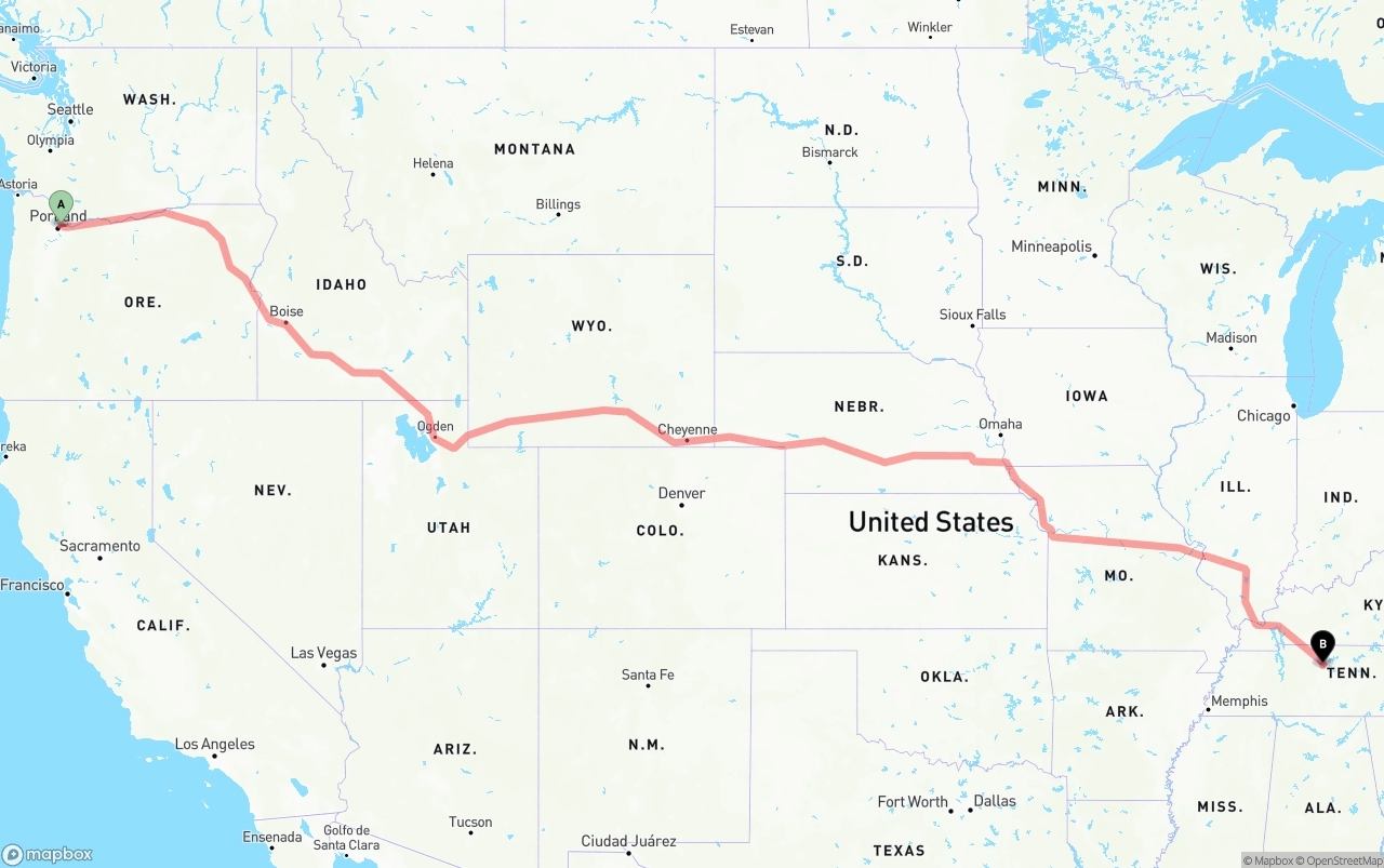 Shipping route from Portland International Airport to Nashville