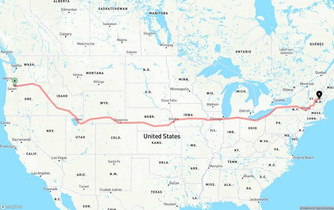 Shipping route from Portland International Airport to New Hampshire