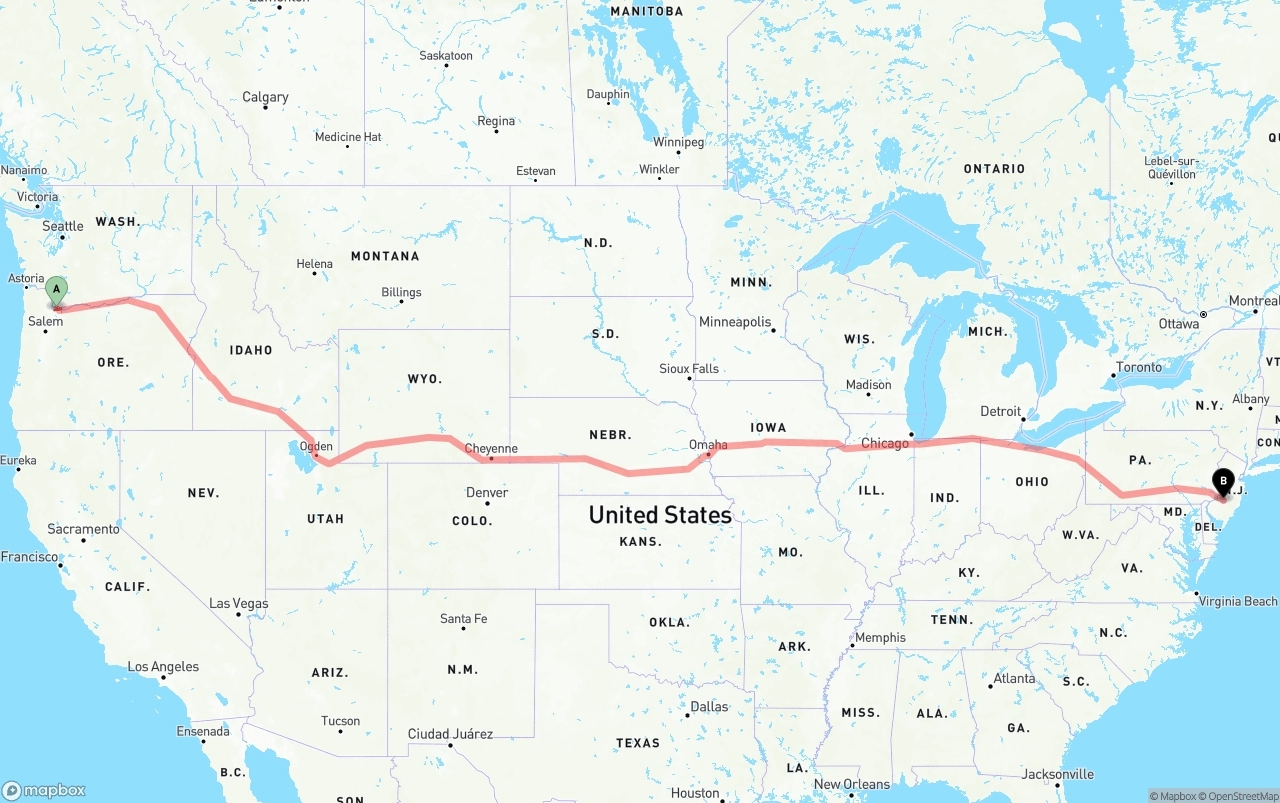 Shipping route from Portland International Airport to New Jersey