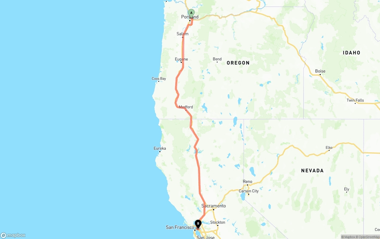Shipping route from Portland International Airport to Oakland