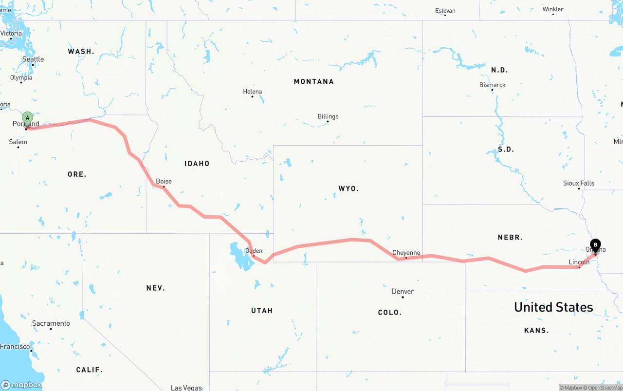 Shipping route from Portland International Airport to Omaha