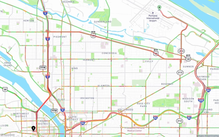 Portland International Airport to Portland freight shipping route map