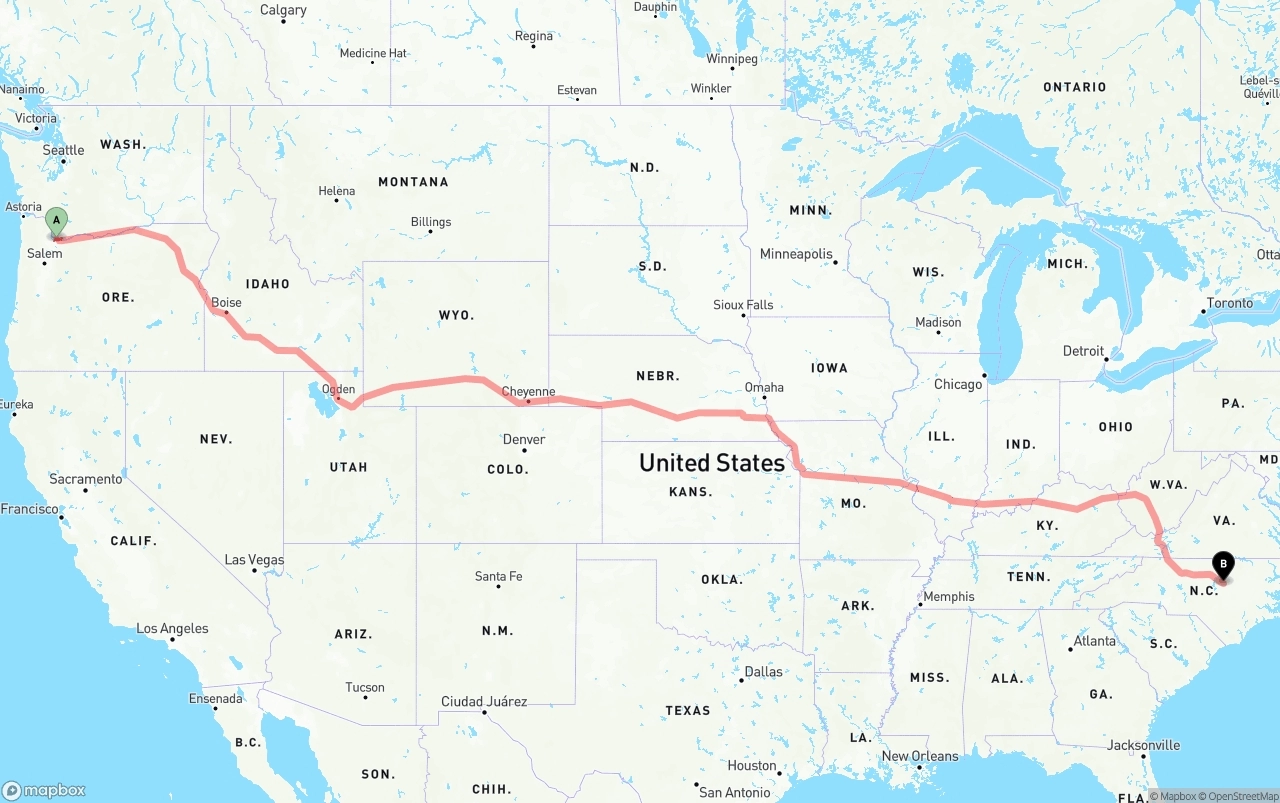 Shipping route from Portland International Airport to Raleigh