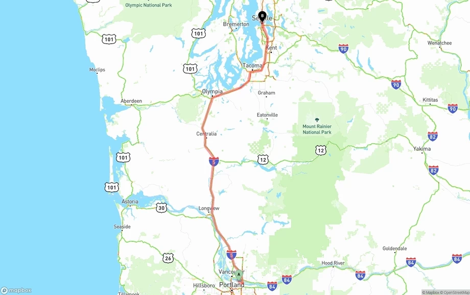 Portland International Airport to Seattle freight shipping route map