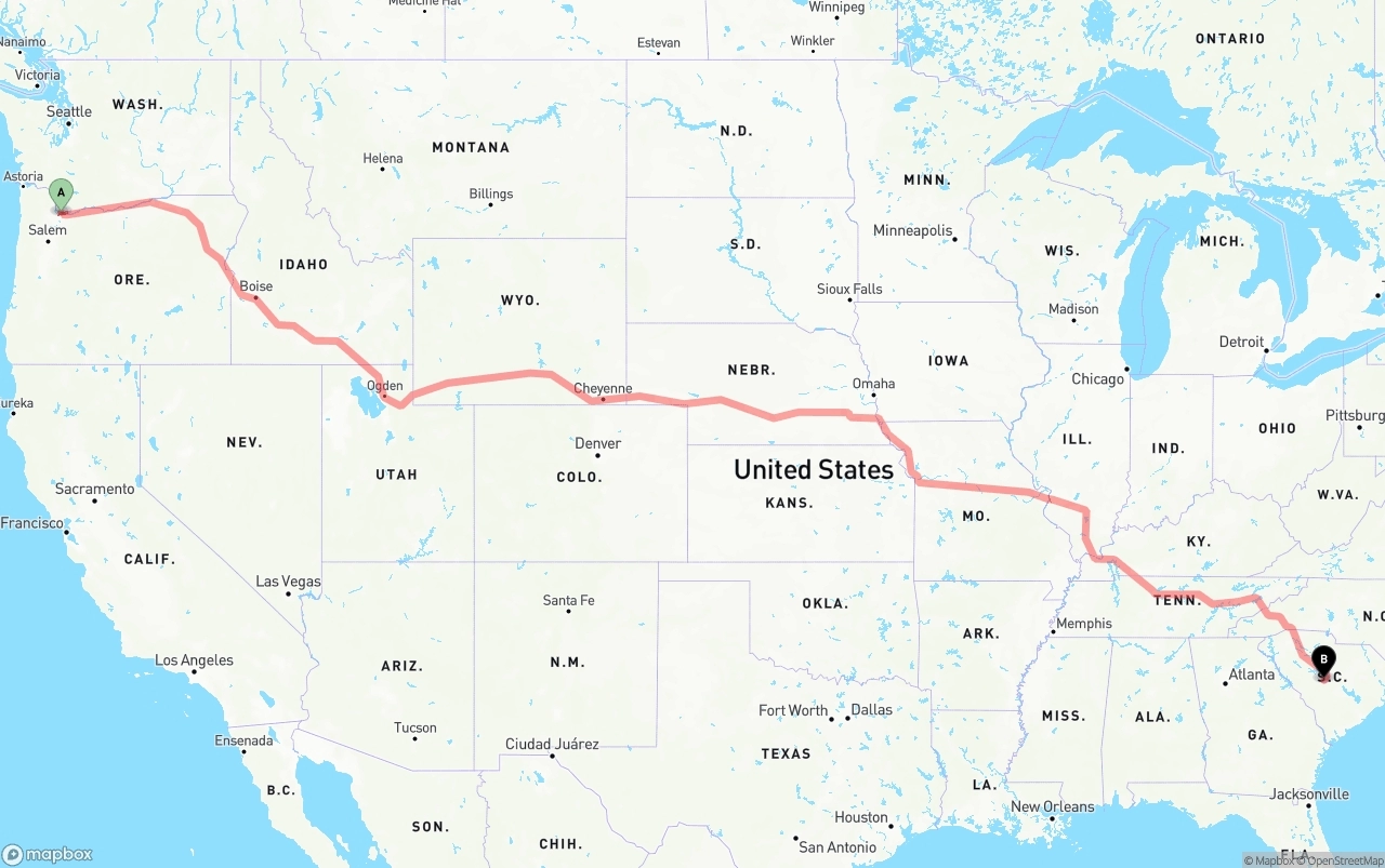 Shipping route from Portland International Airport to South Carolina