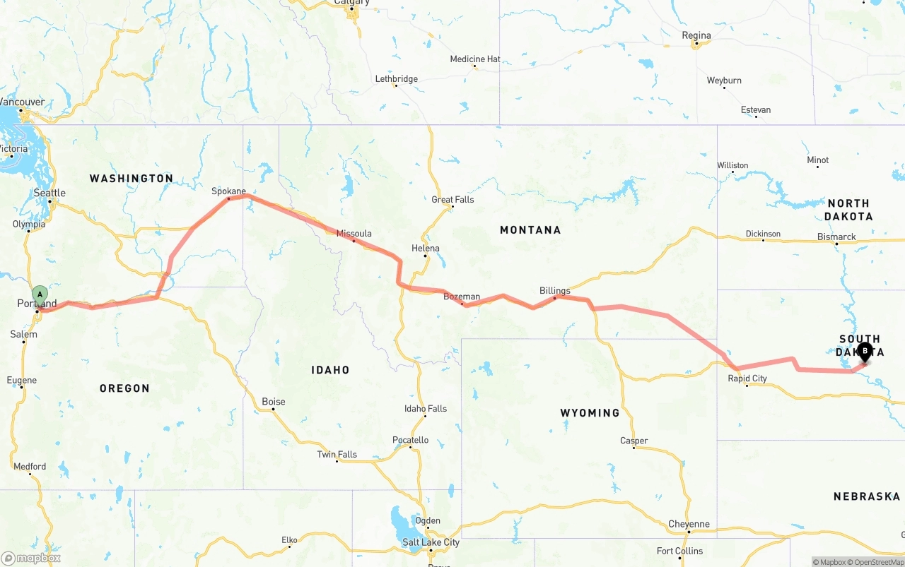 Shipping route from Portland International Airport to South Dakota