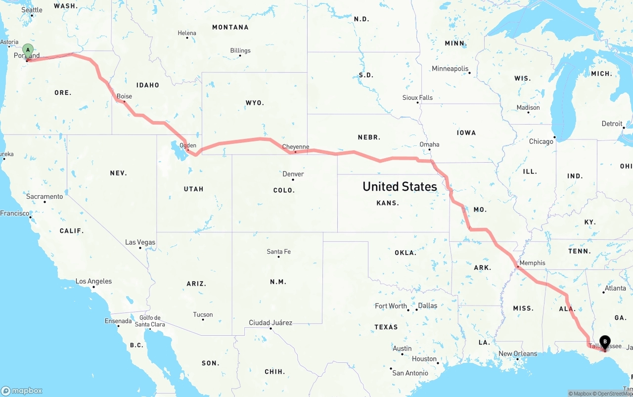 Shipping route from Portland International Airport to Tallahassee