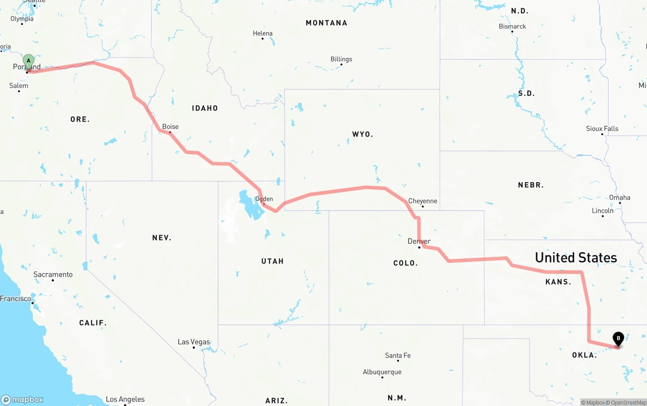 Shipping route from Portland International Airport to Tulsa
