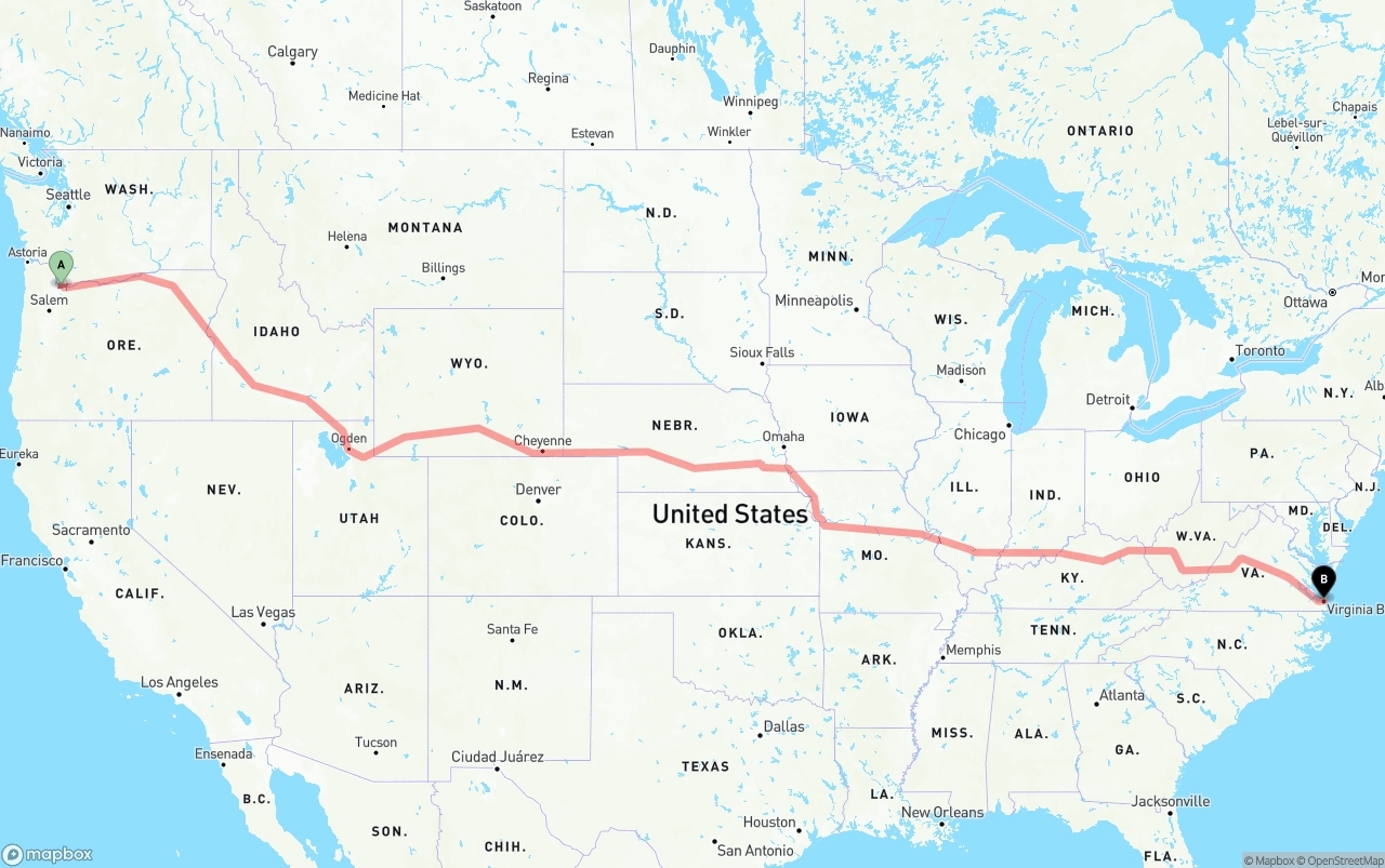 Shipping route from Portland International Airport to Virginia Beach