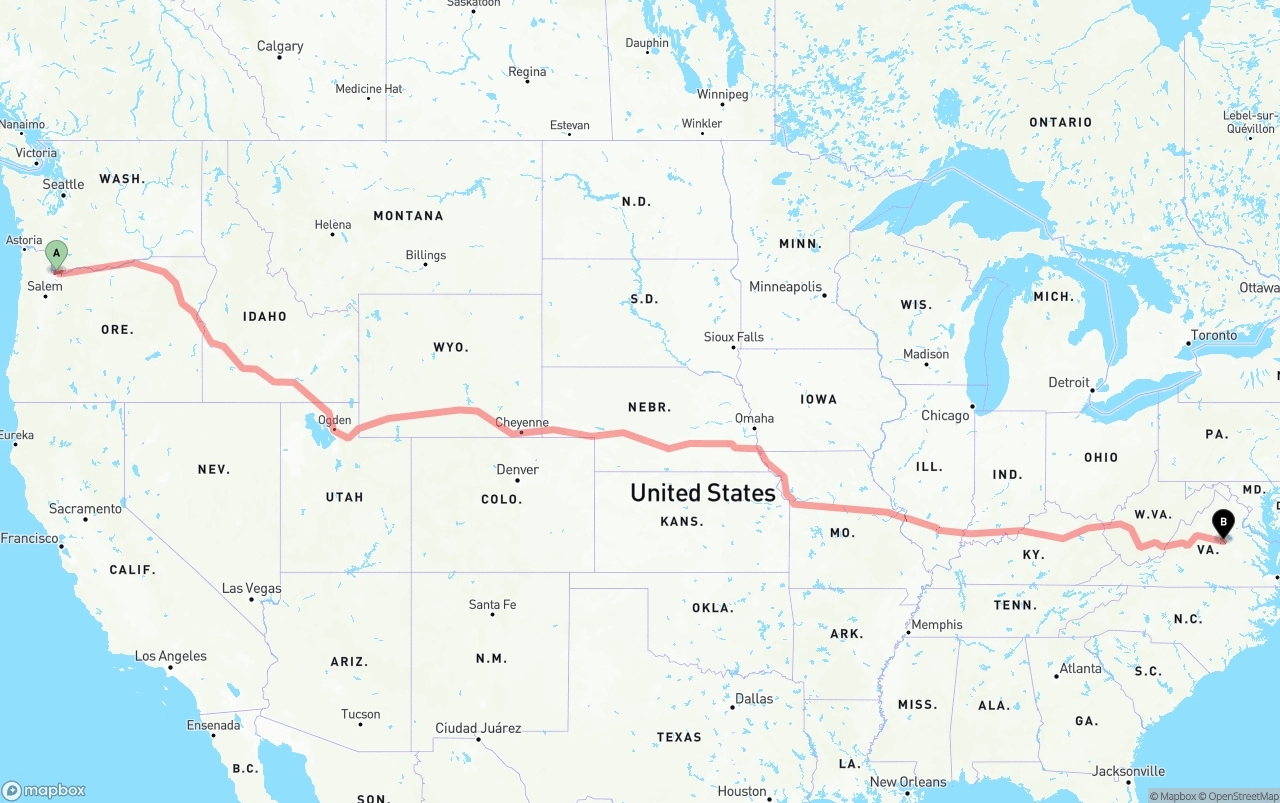 Shipping route from Portland International Airport to Virginia