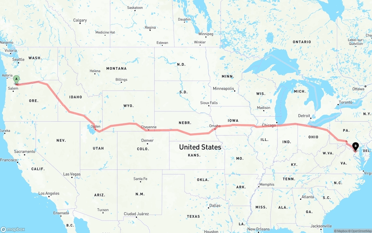 Shipping route from Portland International Airport to Washington D.C.