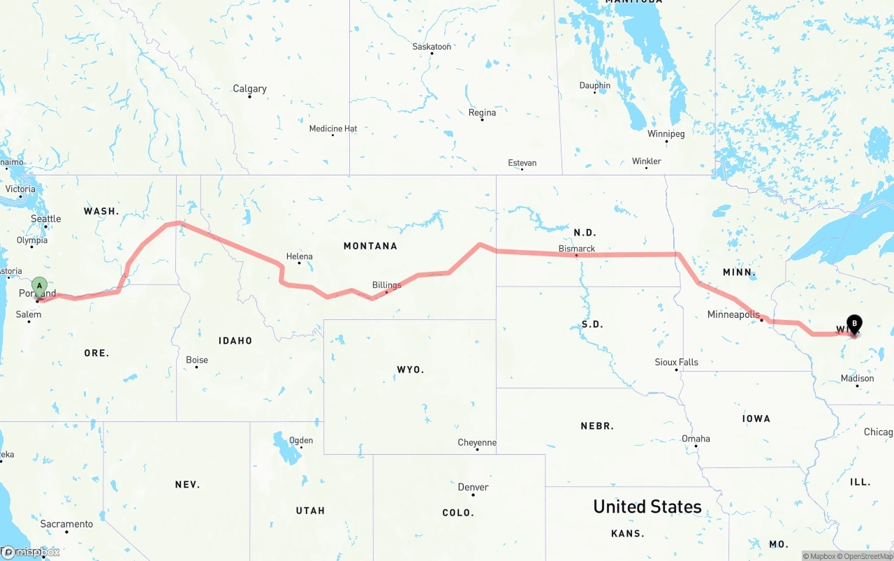 Shipping route from Portland International Airport to Wisconsin