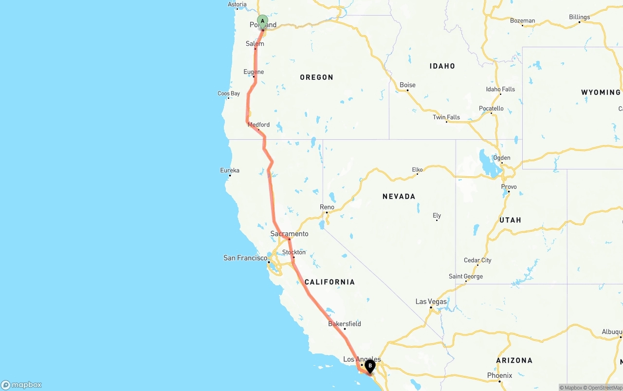 Shipping route from Portland to John Wayne Airport — Orange County