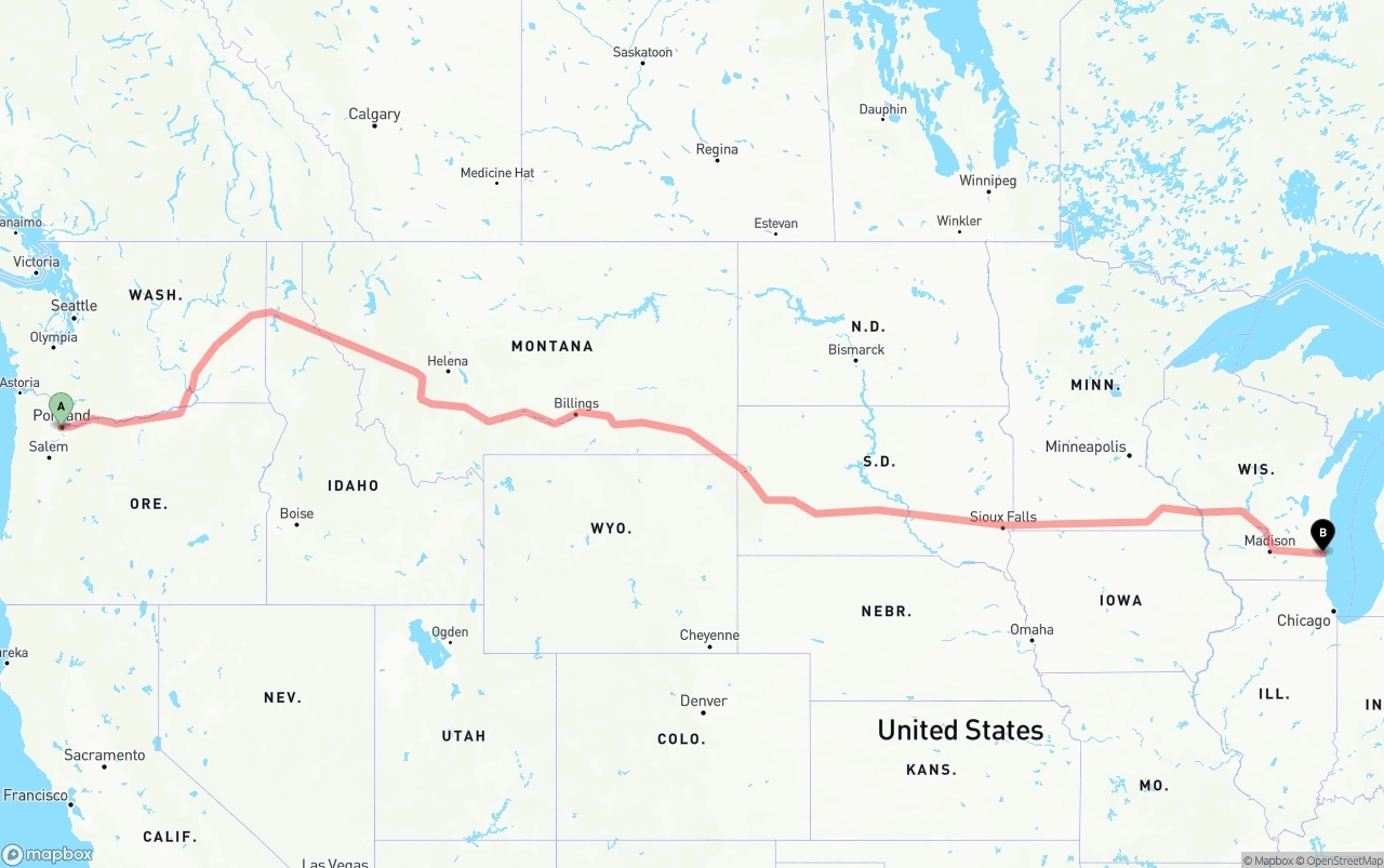 Shipping route from Portland to Milwaukee