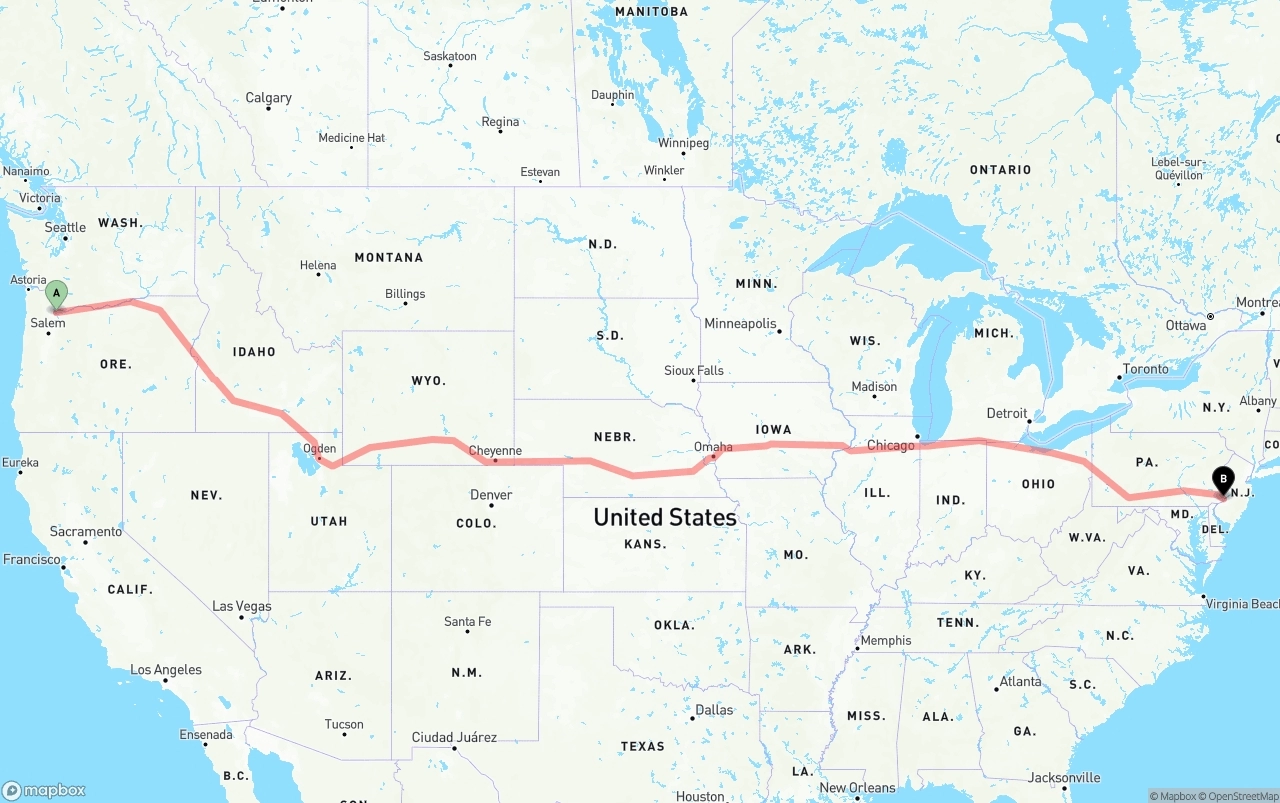 Shipping route from Portland to Philadelphia