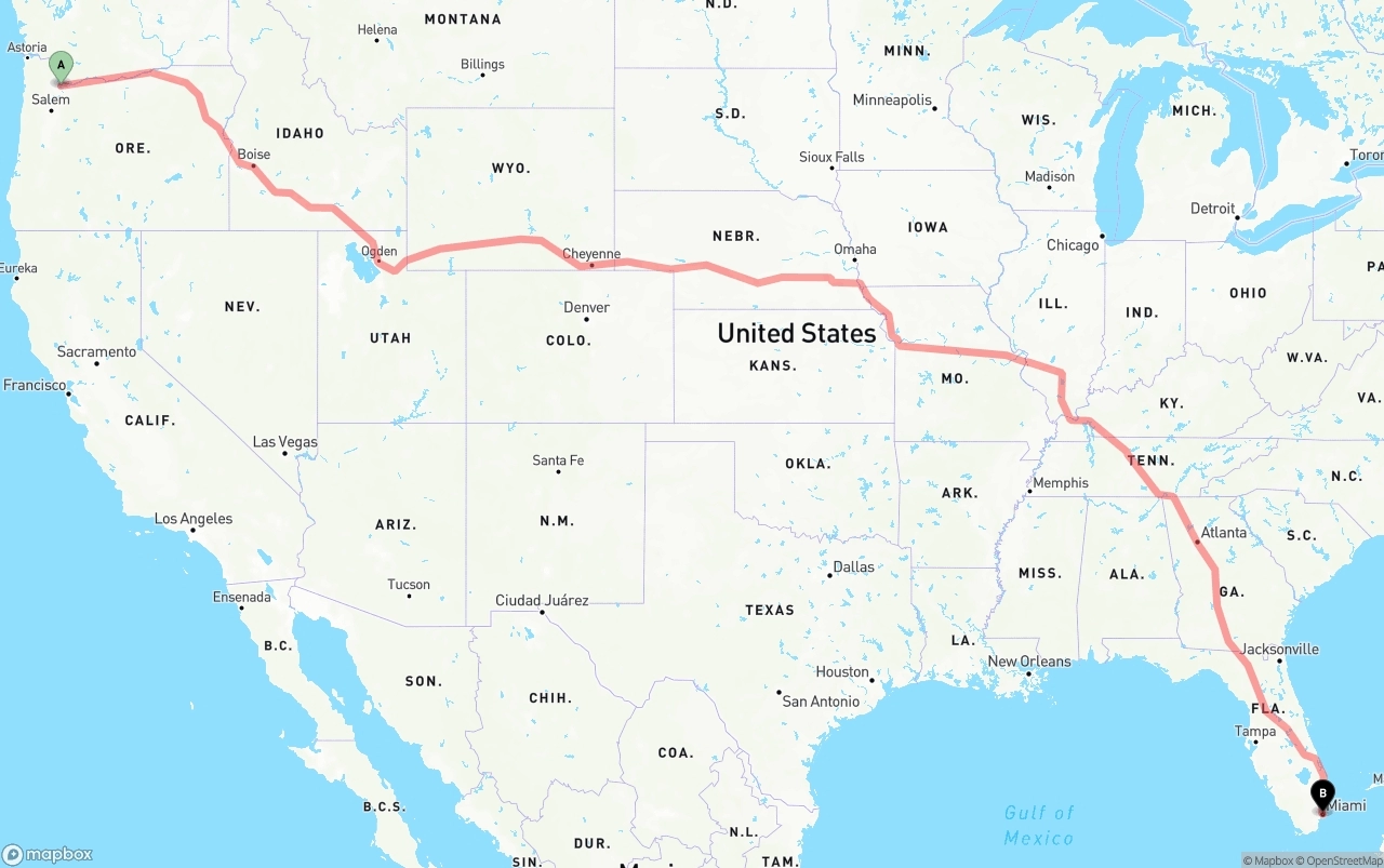 Shipping route from Portland to Port of Miami