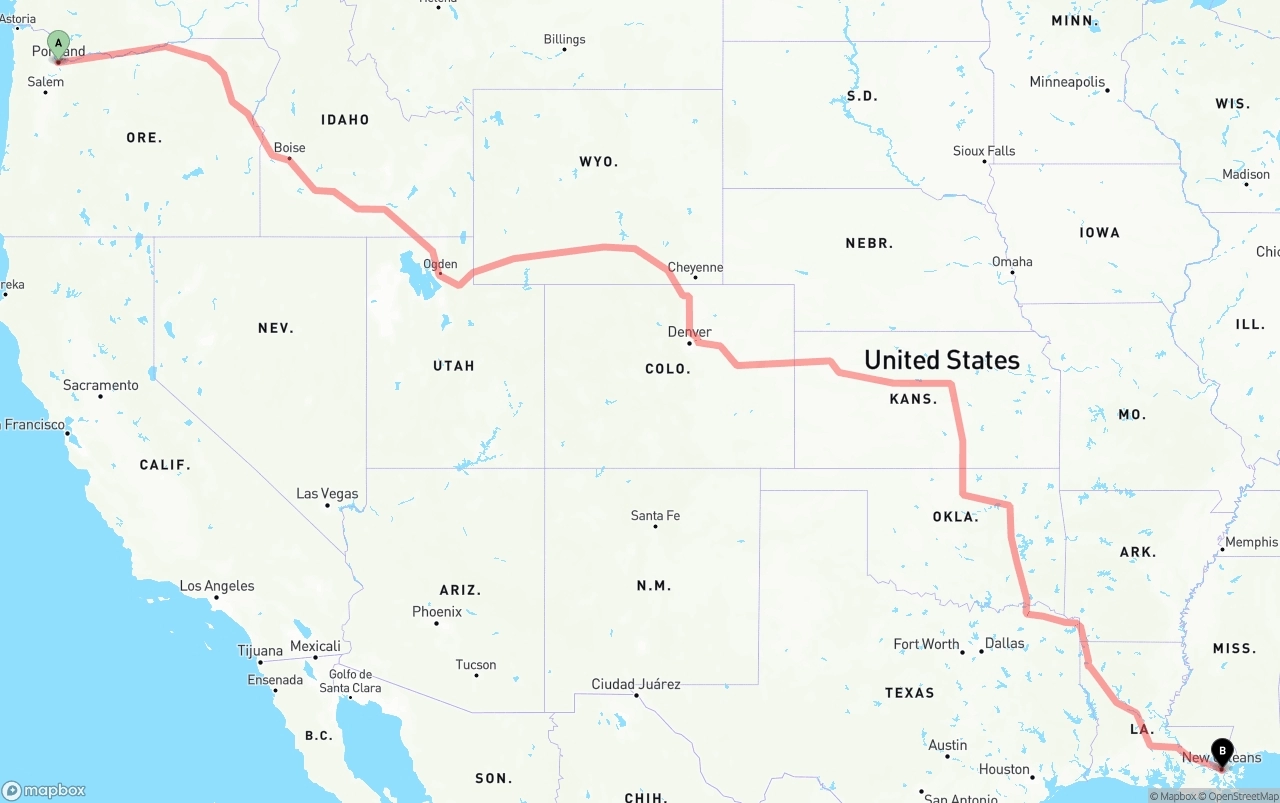 Shipping route from Portland to Port of New Orleans